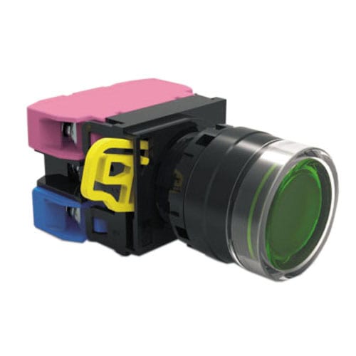 Panel Mount, Plastic Push Button switch with LED illumination. Single LED illumination, full illumination. 22mm push button, Ip65 Rated, weather proof, push button switch with terminal block. RJS Electronics Ltd.