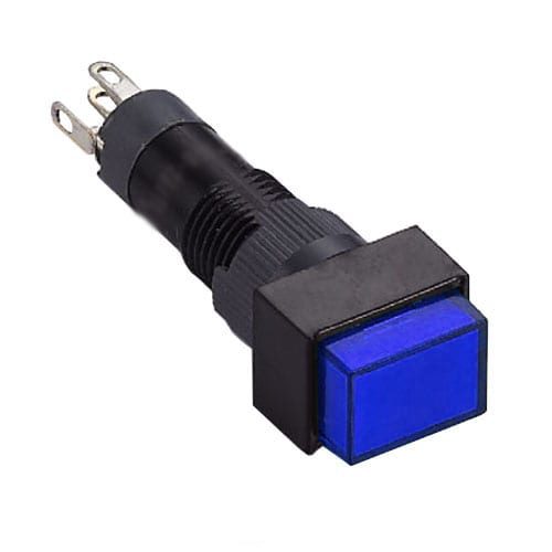 8mm Plastic LED indicator switch, available with single LED illumination. Red, Orange, Yellow, Blue, White, Green. SPDT, variable volts and amps. RJS Electronics Ltd.