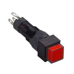RJSPS8A square Switch panel mount, plastic push button switch with full LED illumination. Available in red, green, yellow and blue. RJS Electronics Ltd.