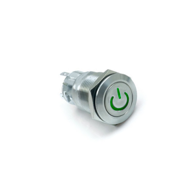 19mm metal push button switch, with LED illumination, LED Illumination, High Head, Flat Head, Momentary, Latching, Ring LED illumination, Power Symbol, custom finishes, single LED illumination, LED SWITCHES, RJS Electronics Ltd