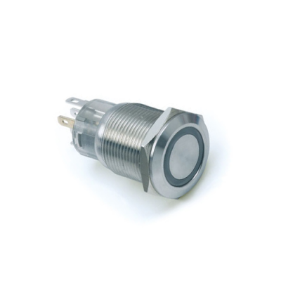 19mm metal push button switch with LED illumination, Flat Head, Momentary or Latching, Ring LED illumination, custom finishes, single LED illumination, LED SWITCHES, RGB illumination, anti-vandal RGB switches, RJS Electronics Ltd