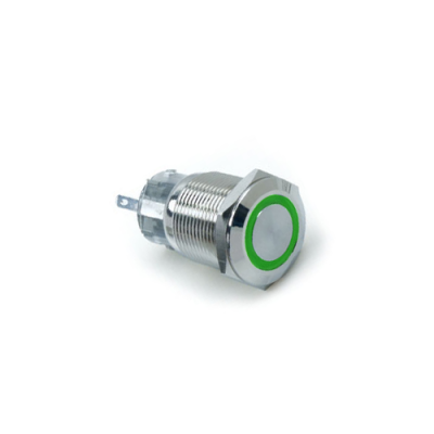 19mm metal push button switch, with LED illumination, LED Illumination, High Head, Flat Head, Momentary, Latching, Ring LED illumination, Power Symbol, custom finishes, single LED illumination, LED SWITCHES, RJS Electronics Ltd