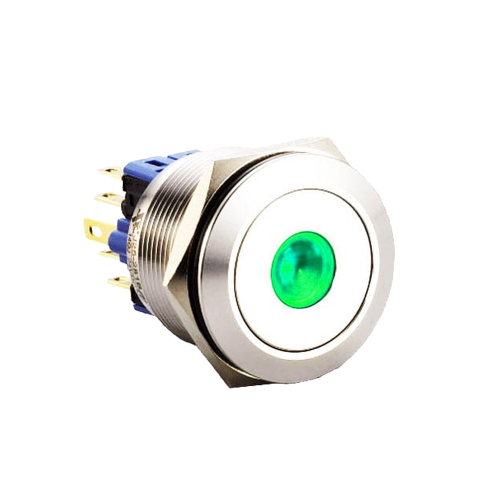 25mm metal push button switch with latching function with dot led illumination. Available at rjs electronics ltd