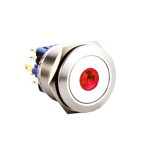 25mm metal push button switch with latching function with dot led illumination. Available at rjs electronics ltd