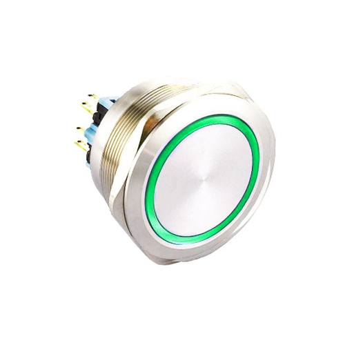 40mm metal antivandal push button switch with led illumination. Latching option with IP67 Rating, available at RJS Electronics ltd