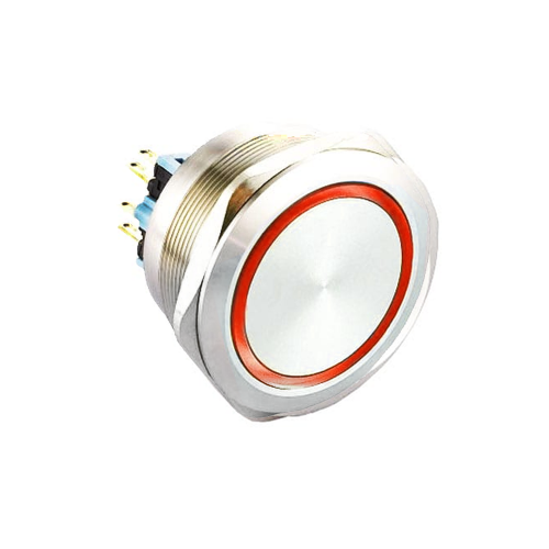 40mm metal antivandal push button switch with led illumination. Latching option with IP67 Rating, available at RJS Electronics ltd