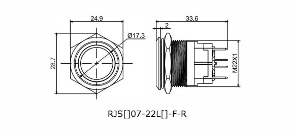 22mm high current antivandal switch drawing, rjs electronics ltd