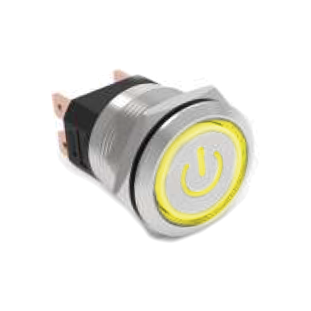 High current metal anti vandal push button switch with power and ring led illumination. Select from momentary function push button switch or Latching push button switch, Latching function. RJS electronics ltd
