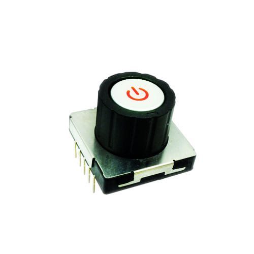 Rotary Switch, with push button power symbol and central push button switch. RJS Electronics Ltd.