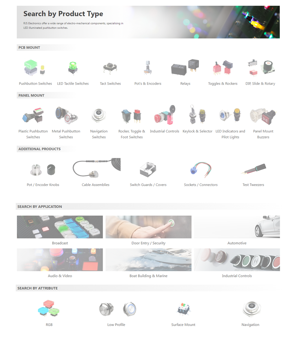 Product page overview - RJS Electronics Ltd, PCB and Panel Mount push button switches including LED illumination, switches with LED illumination. 