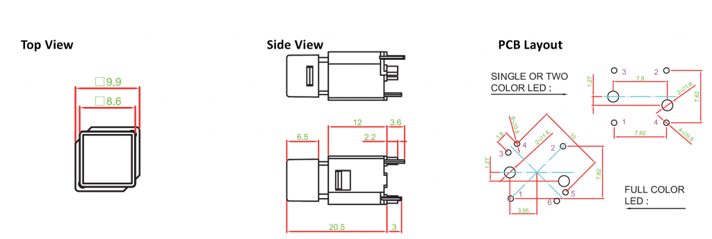 drawing for TC011 illuminated pcb push button, rjs electronics ltd