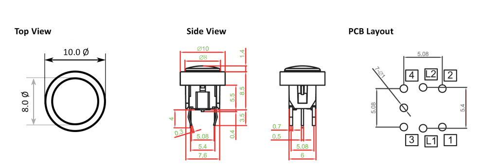 Drawing for illuminated push button switch TC018, rjs electronics ltd