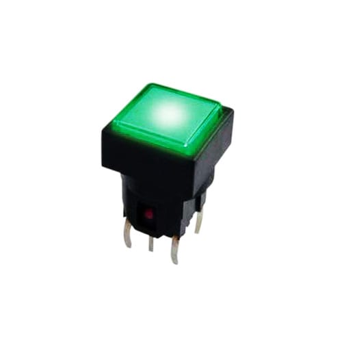 pcb push button switch with tactile feel, LED illuminated, momentary function, square plastic cap, rjs electronics ltd