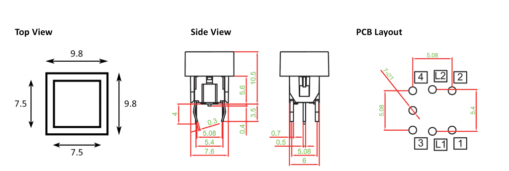 PCB led button drawing, rjs electronics ltd