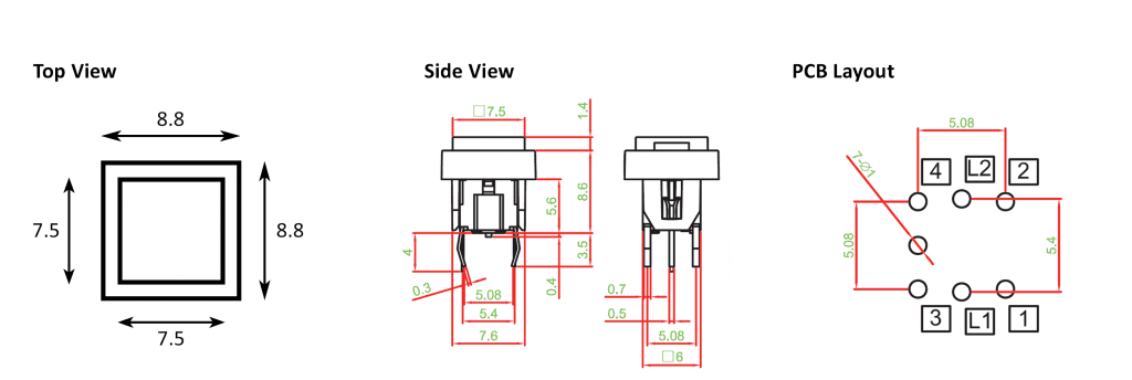 drawing for pcb push button with led, rjs electronics ltd