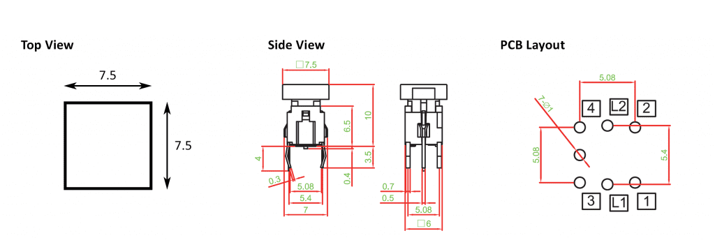 drawing for pcb switch with led, rjs electonics ltd