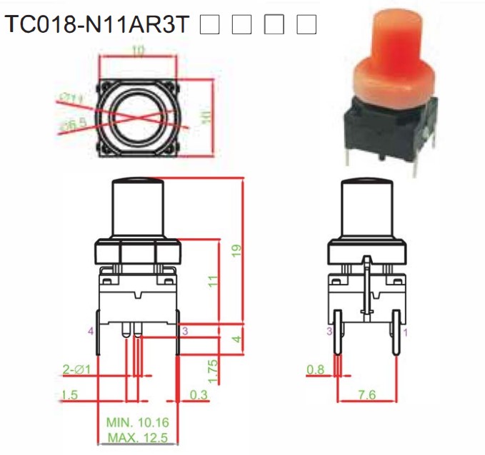 drawing for tc018 pcb push button switch, rjs electronics ltd