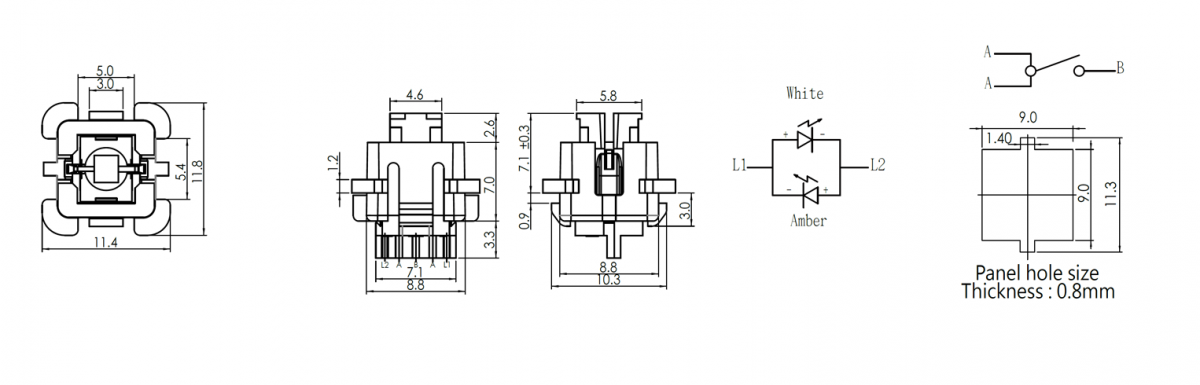 PCB, non-illuminated tact switch, non- illuminated switch, housing only, PCB switch, RJS Electronics Ltd