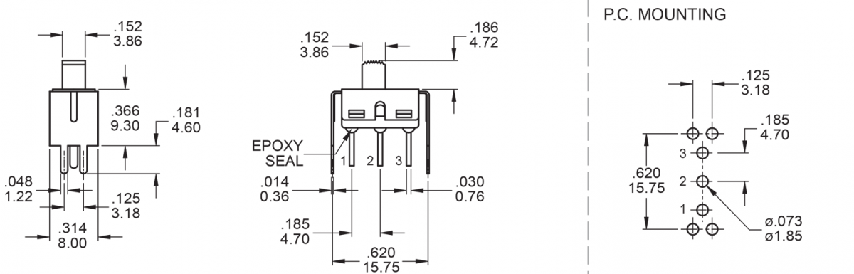 VS2 SPDT drawing, Slide switch, RJS Electronics Ltd.