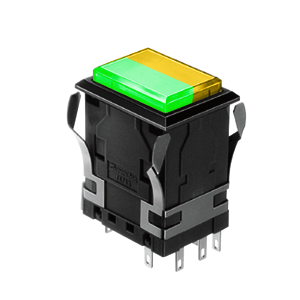 WH Illuminated push button switch - rectangular - green +yellow - 19x26mm push button switch Single LED illumination, Bi-colour LED Illumination, RGB Illumination, ring LED illumination, dot illumination, full illumination, split face illumination, dual illumination, Led Switches, RJS Electronics Ltd.