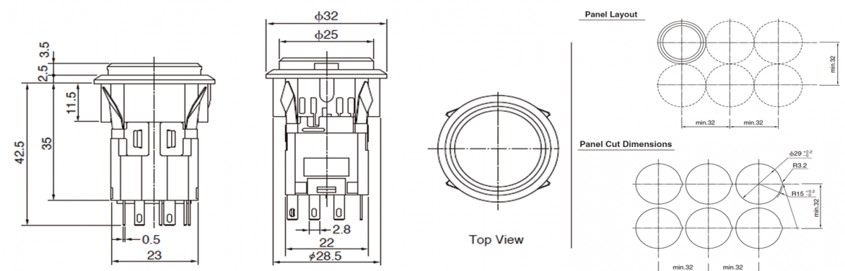 WH-illuminated push button switches - round - drawing 25mm push button switch - Momentary push button switch, momentary function, IP rated, RJS Electronics Ltd.