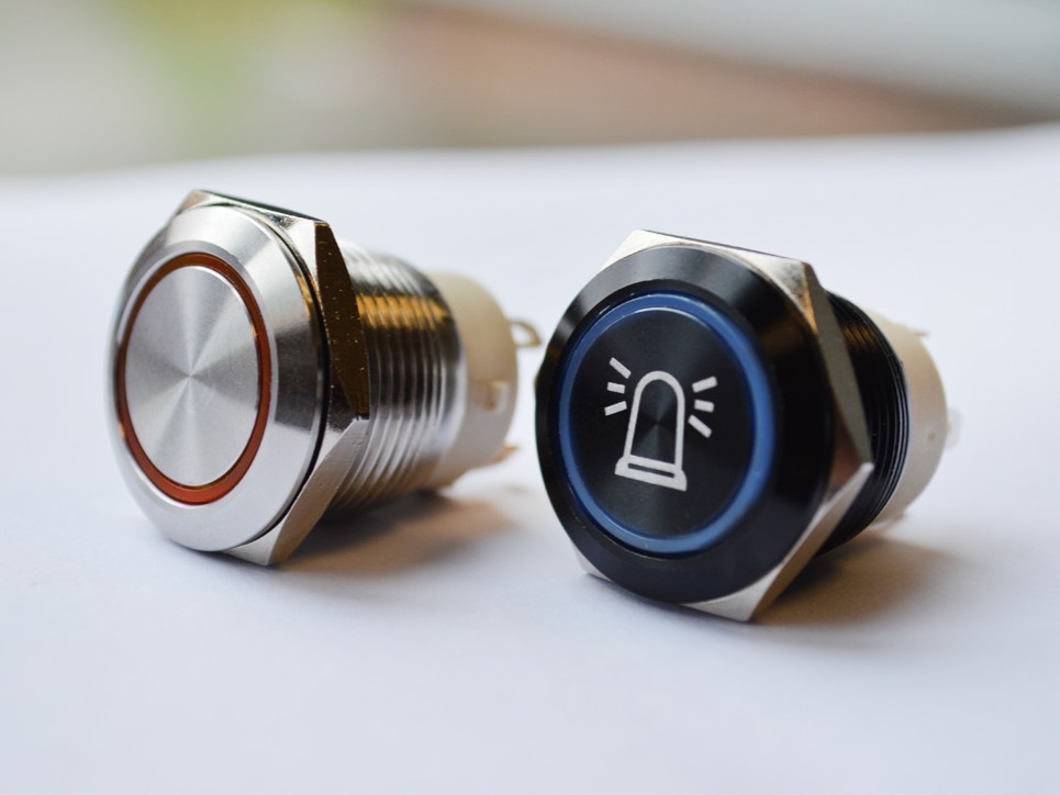 Anti-vandal push buttons group, custom finishes, anodised aluminium, LED illuminated, LED switches, IP rated, metal panel mount switches, RJS Electronics Ltd