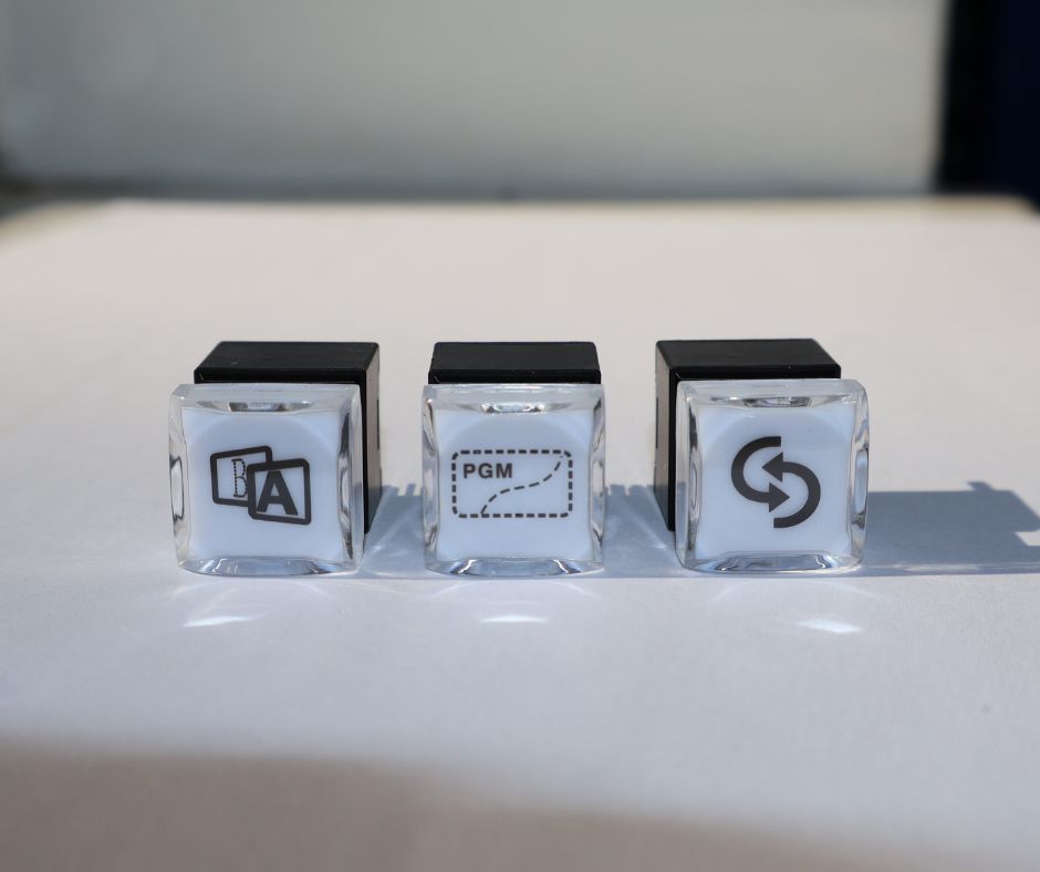 Custom legend options for RJSBS RGB broadcast switches, 12mm 15mm 17mm PCB push button switches, LED switches, LED buttons, audio visual components, RJS Electronics Ltd