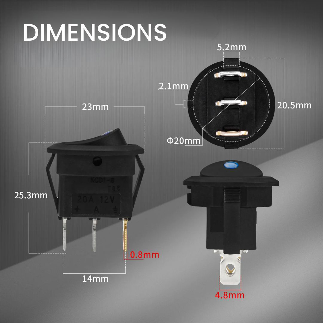 Dimensions of LED illuminated rocker switch, panel mount rocker switches, dot LED illumination, LED switches, new products, RJS Electronics Ltd