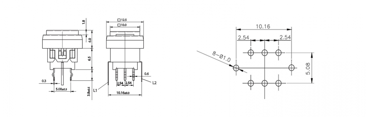 PB6136F - drawing - PCB, push button switch, switch with LED Illumination, latching and momentary push button function, IP RATING, single or bi-colour LED illumination. RJS Electronics Ltd.