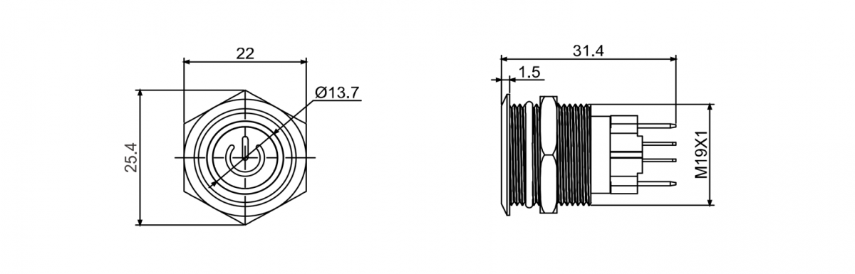 RJS107-19L(A)-F-C5~67J, high current push button switches with LED power symbol illumination, IP65 rated. RJS Electronics Ltd.