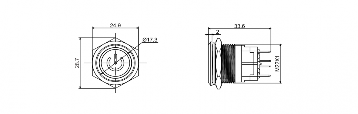 Drawing - RJS107-22L(A)-F-C5~67J SPECS - high current switch series - High current metal anti vandal push button switch with power and ring led illumination. Select from momentary function push button switch or Latching push button switch, Latching function. RJS Electronics ltd