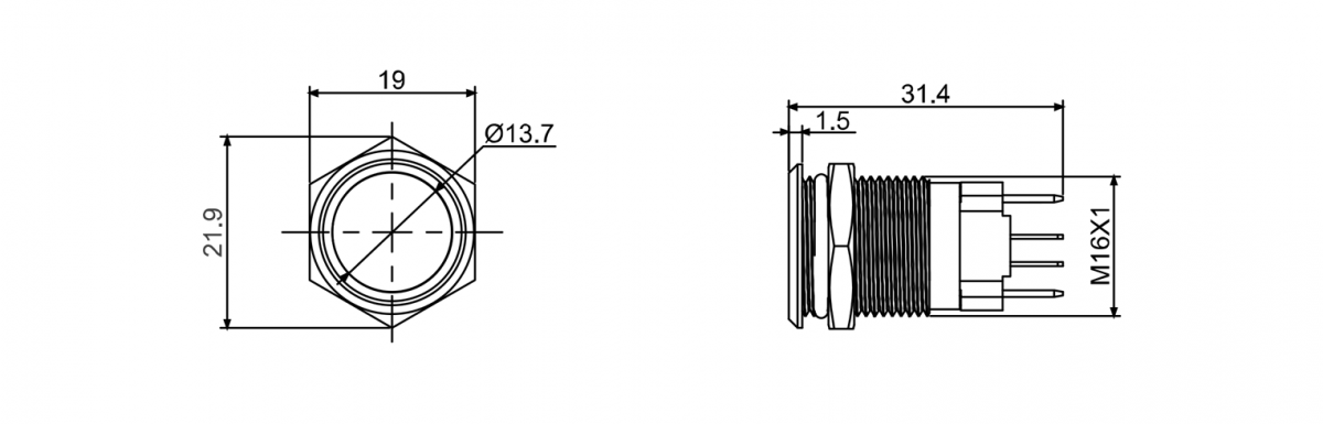 Push button switches. 19mm technical drawing, rjs electronics ltd