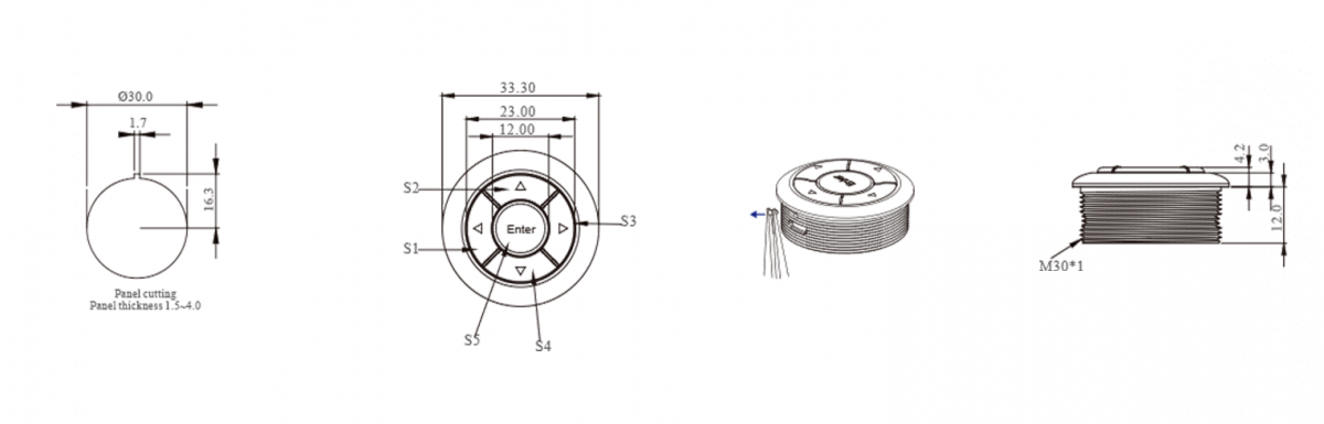 DRAWING of Navigation Switch: SF30BA round, push button encoder switch with LED illumination, LED Switches - RJS Electronics Ltd.