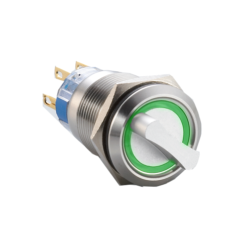 Ring LED-illuminated metal selector switch, available with 2 postions or 3 positions. SPDT/DPDT, non-illuminated, selector switch with ring LED illumination. Single, LED illumination available. IP65 / IP67J rated at the front. Stainless steel or annodised aluminium. Voltage varies, led switches, RJS Electronics Ltd.
