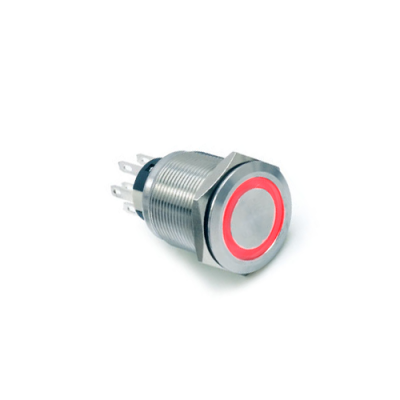 RJS102-22L(A)-F-R~65Q, 22mm metal push button switch, with LED illumination, High Head, Flat Head, Momentary, Latching, Ring LED illumination, Power Symbol, custom finishes, single LED illumination, LED SWITCHES, RJS Electronics Ltd