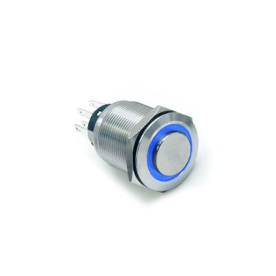 RJS102-22L(A)-H-R~65Q, 22mm metal push button switch, with LED illumination, High Head, Flat Head, Momentary, Latching, Ring LED illumination, Power Symbol, custom finishes, single LED illumination, LED SWITCHES, RJS Electronics Ltd