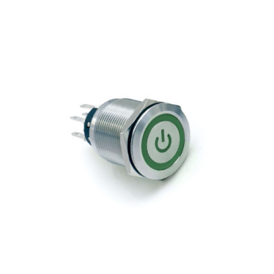 22mm metal push button switch, with LED illumination, High Head, Flat Head, Momentary, Latching, Ring LED illumination, Power Symbol, custom finishes, single LED illumination, LED SWITCHES, RJS Electronics Ltd