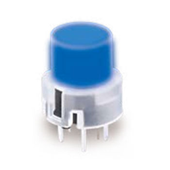 KS01-BL PCB, Push button switch, illuminated Tact Switch, momentary with push button feature, silent click, click sound. RJS Electronics Ltd.