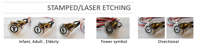 Non-illuminated laser etching, adult, infant, elderly or directional laser etching for custom switches. RJS Electronics Ltd. 