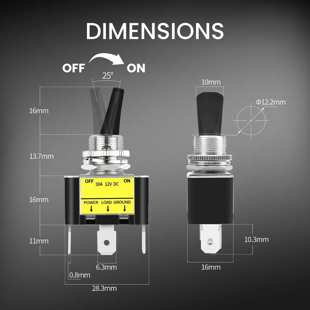 Dimensions of LED illuminated paddle switch, panel mount toggle switches, LED switches, new products, RJS Electronics Ltd