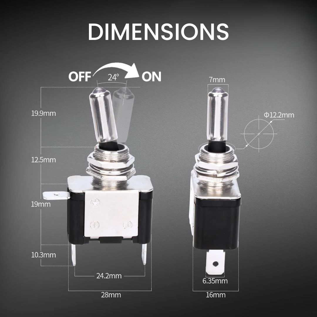 Dimensions of LED illuminated toggle switch, panel mount toggle switches, LED switches, new products, RJS Electronics Ltd
