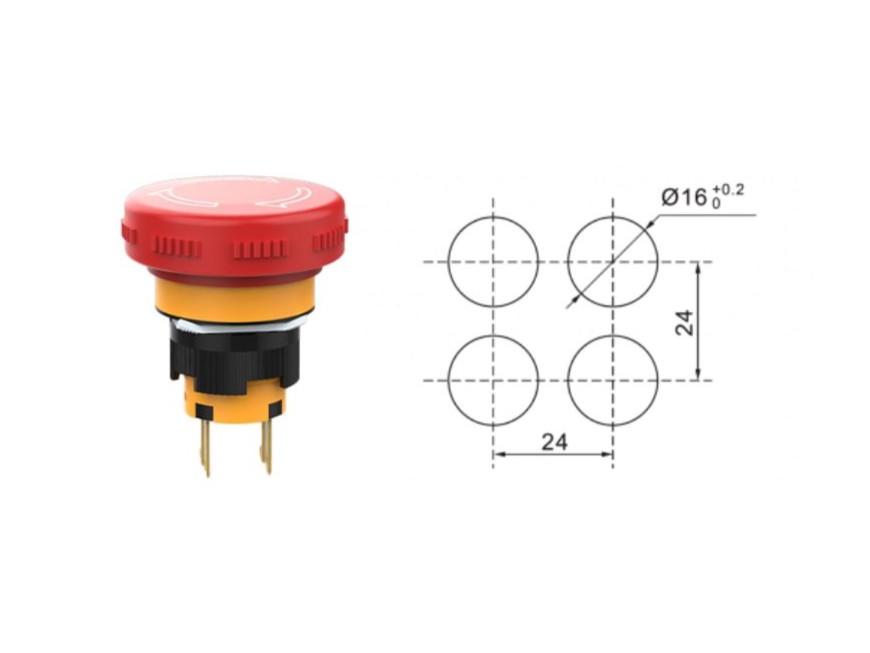 Emergency stop switch with panel cut out diagram, panel mount switches, RJS Electronics Ltd