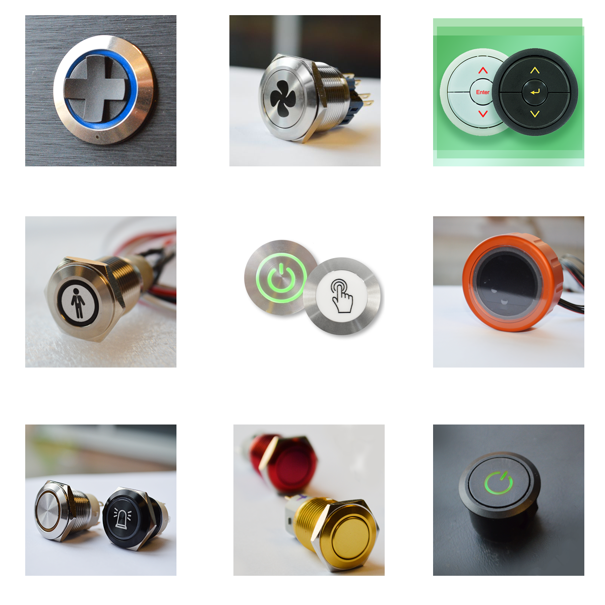 RJS Electronics Ltd, panel mount custom electromechanical switches with led illumination or without led illumination, supporting custom etching and stamping, supports coloured caps and metal colour finishes, black annodised or gold finishes, brushed or polished steel RJS Electronics Ltd