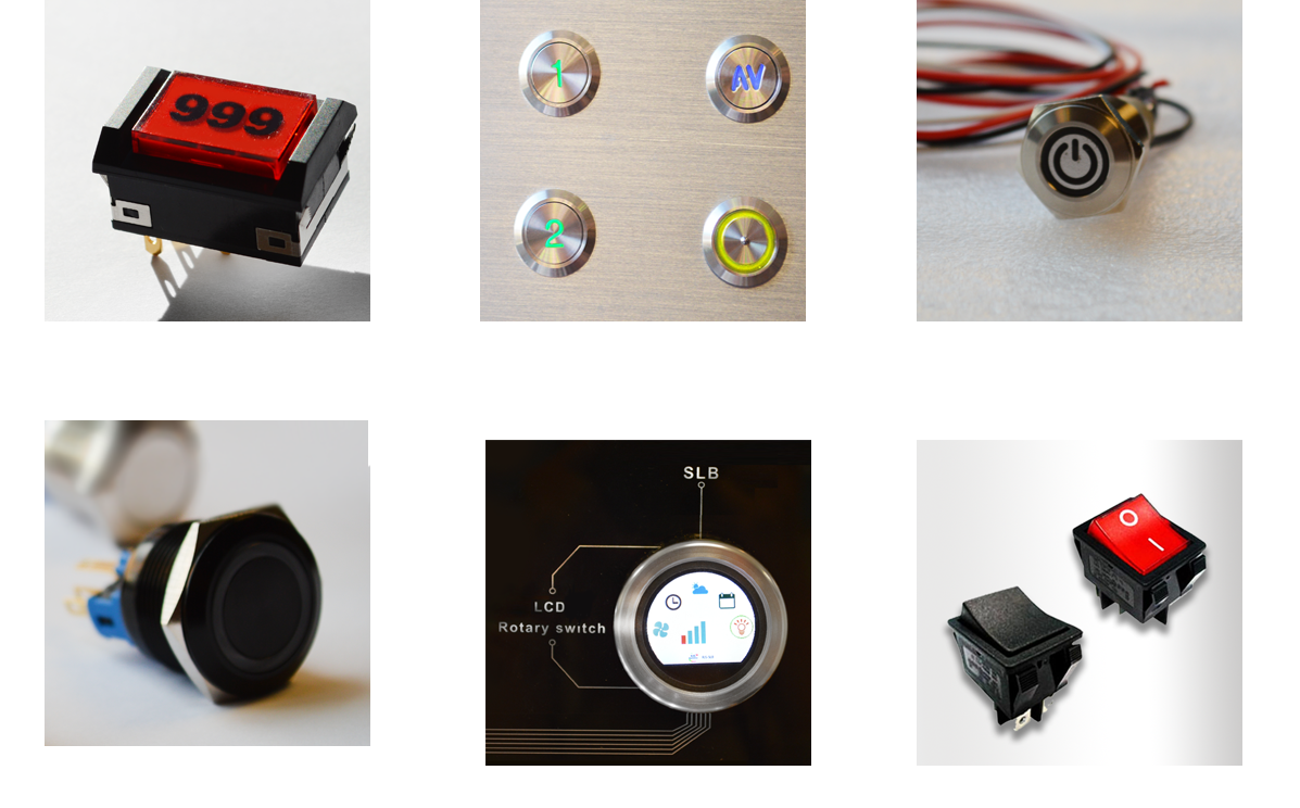 RJS Electronics Ltd, panel mount custom electromechanical switches with led illumination or without led illumination, supporting custom etching and stamping, supports coloured caps and metal colour finishes, black annodised or gold finishes, brushed or polished steel, navigation module with custom etching or LED illumination RJS Electronics Ltd
