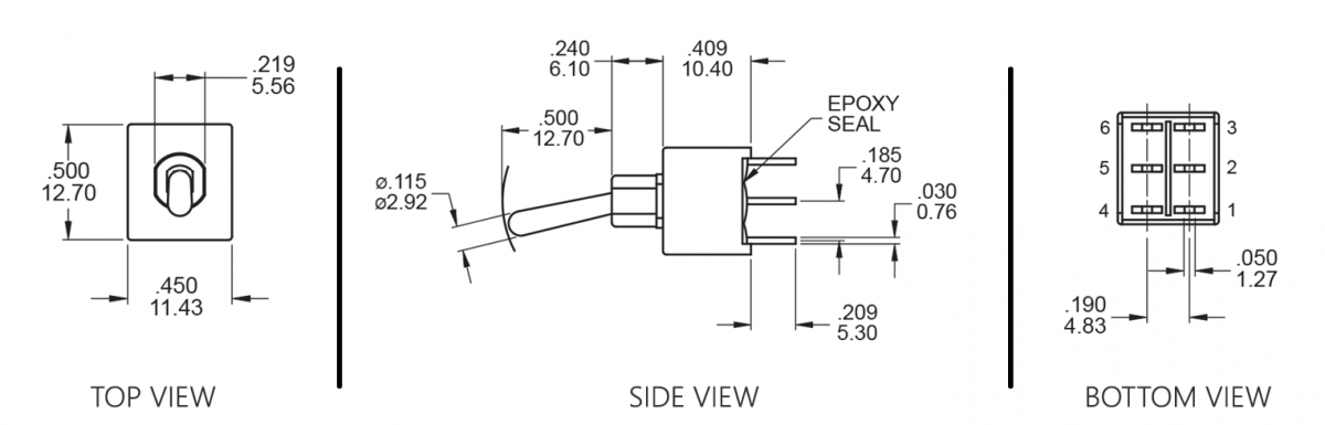 Drawing for pcb toggle switch, 1A, double pole, 