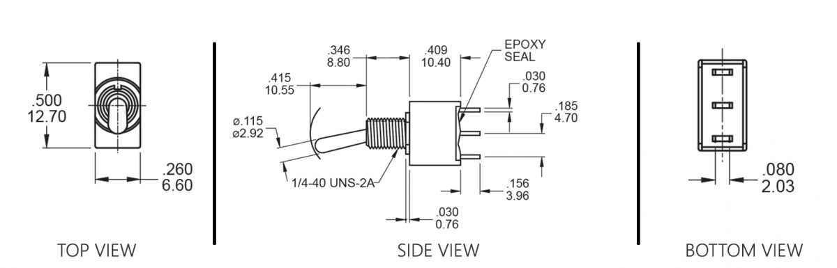 pcb, TOGGLE SWITCH DRAWING - 1A - SPST. RJS Electronics Ltd.