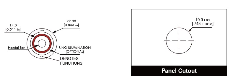 Drawing of RJS-19L(A)-TOG anti vandal toggle switch, ring led illumination, led switches, RJS Electronics Ltd