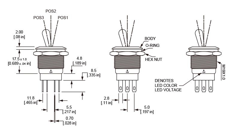 Drawing of RJS-19L(A)-TOG anti vandal toggle switch, ring led illumination, led switches, RJS Electronics Ltd