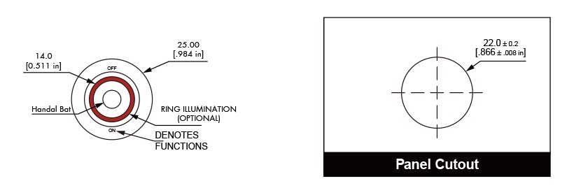 Drawing of RJS-22L(A)-TOG anti vandal toggle switch, ring led illumination, led switches, RJS Electronics Ltd