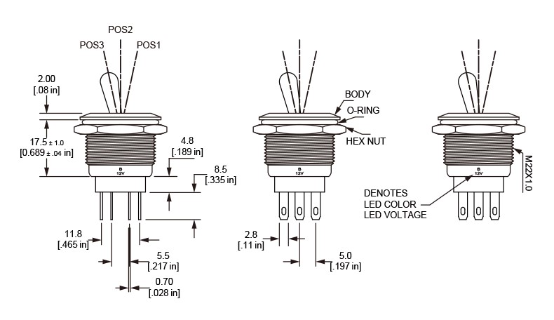 Drawing of RJS-22L(A)-TOG anti vandal toggle switch, ring led illumination, led switches, RJS Electronics Ltd